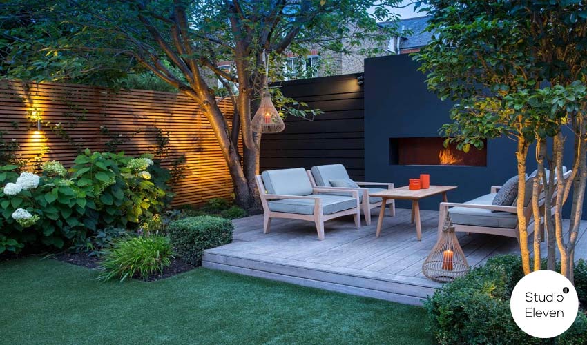 patio with white sofas and tables 